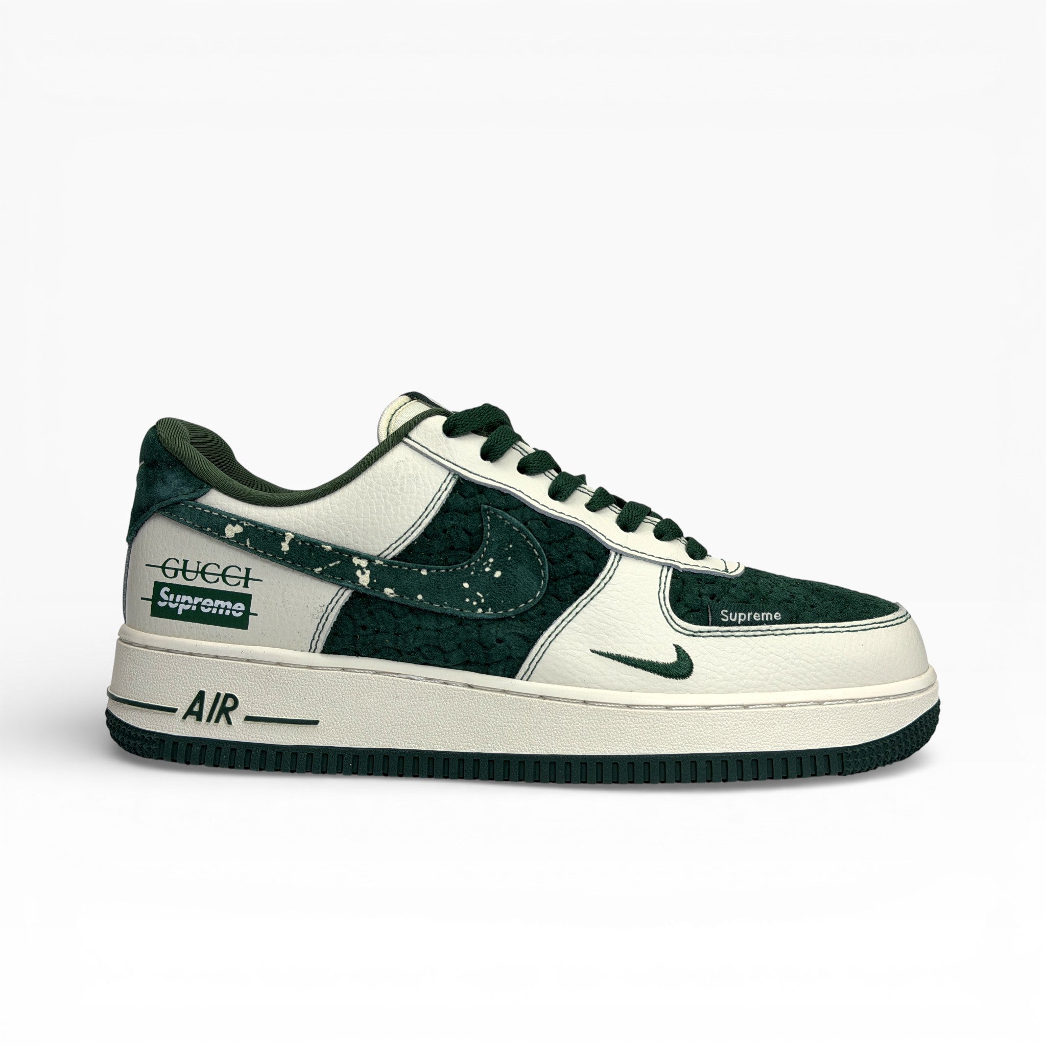 Nike Air Force 1 Low in a custom green and white colorway with Gucci and Supreme branding